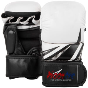 "MMA gloves laid out with wrist straps undone, ready for training."